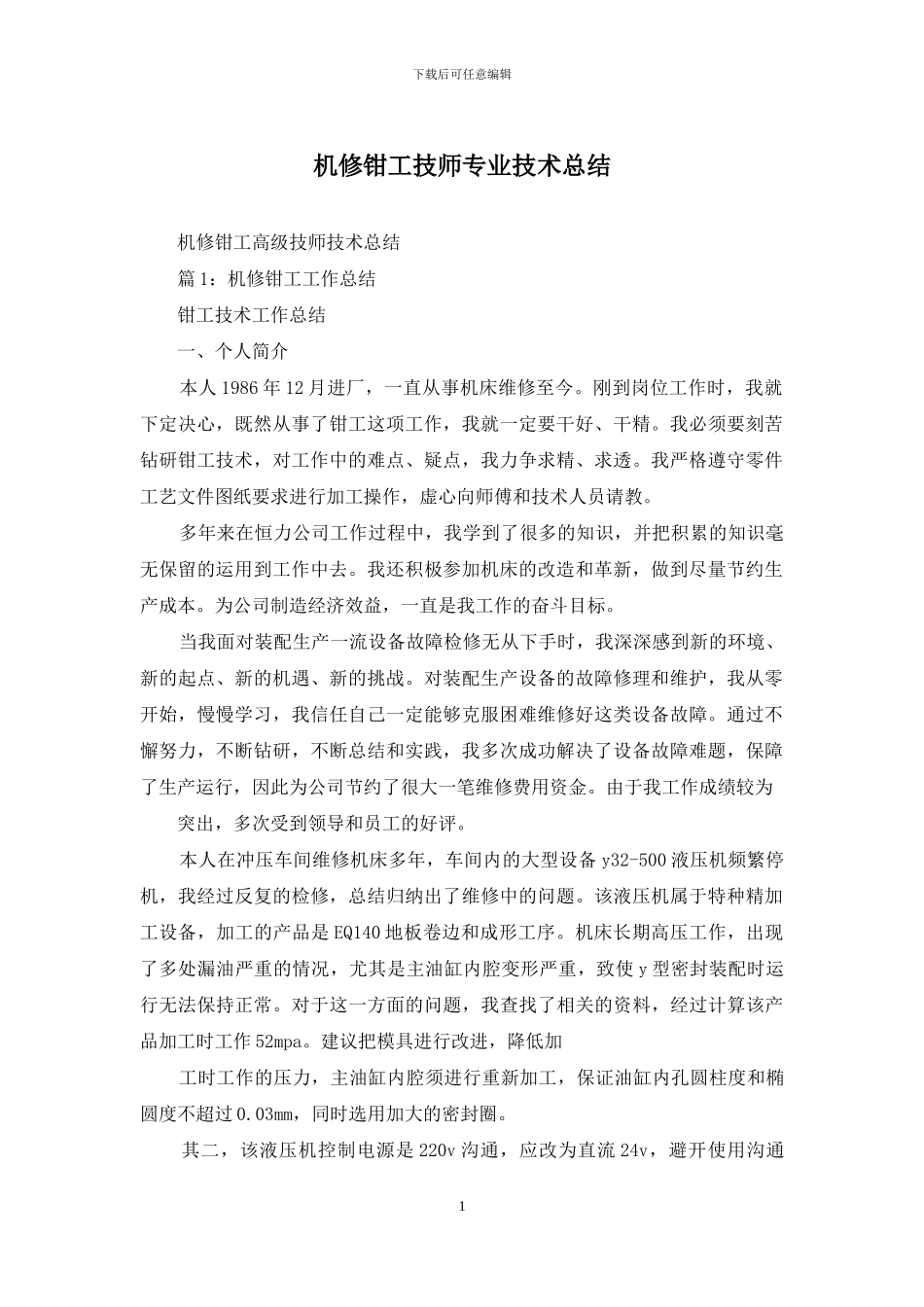 机修钳工技师专业技术总结_第1页