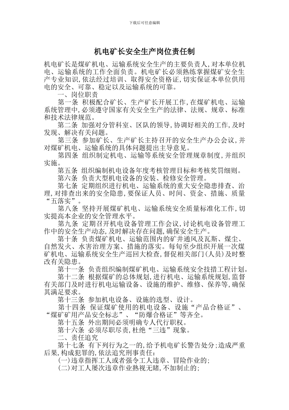 机电矿长安全生产岗位责任制_第1页