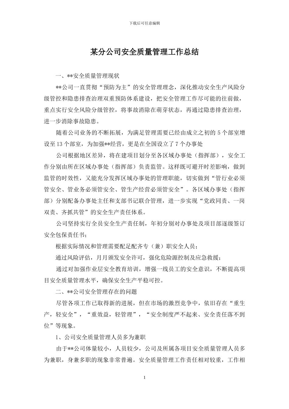 某分公司安全质量管理工作总结_第1页