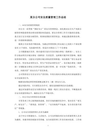 某分公司安全质量管理工作总结