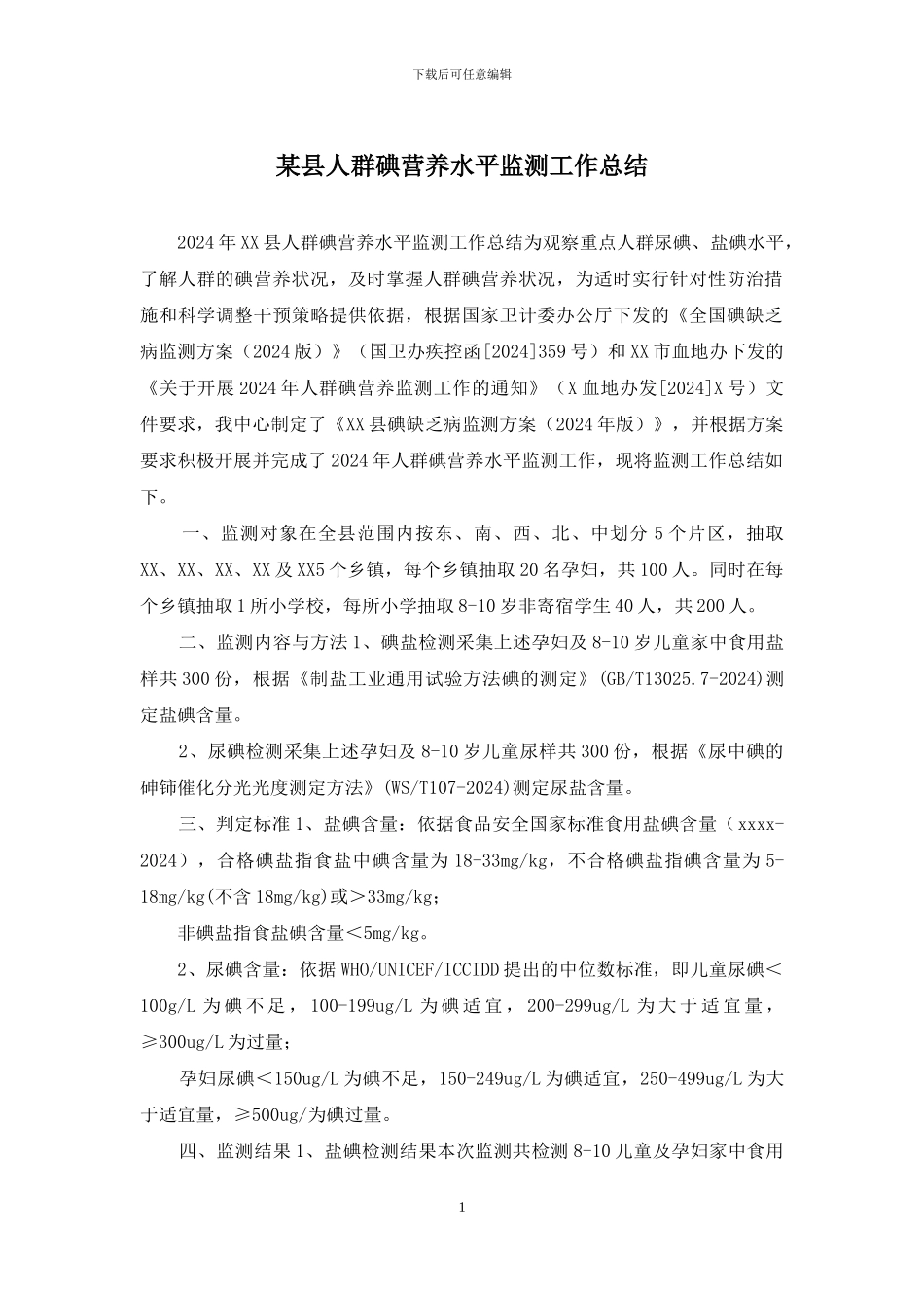 某县人群碘营养水平监测工作总结_第1页