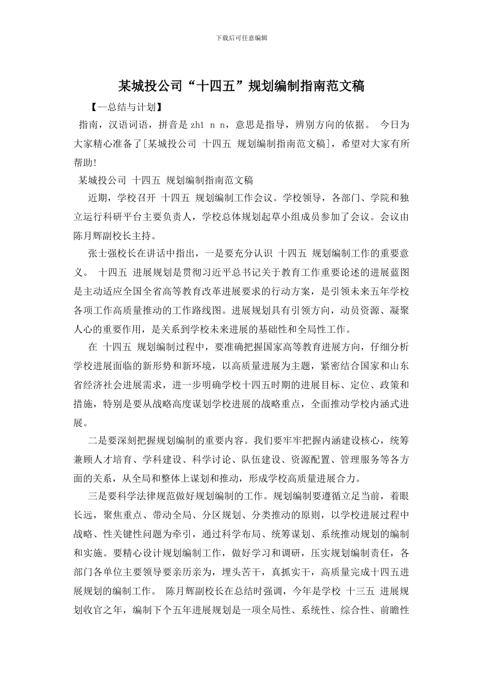 某城投公司“十四五”规划编制指南范文稿_第1页