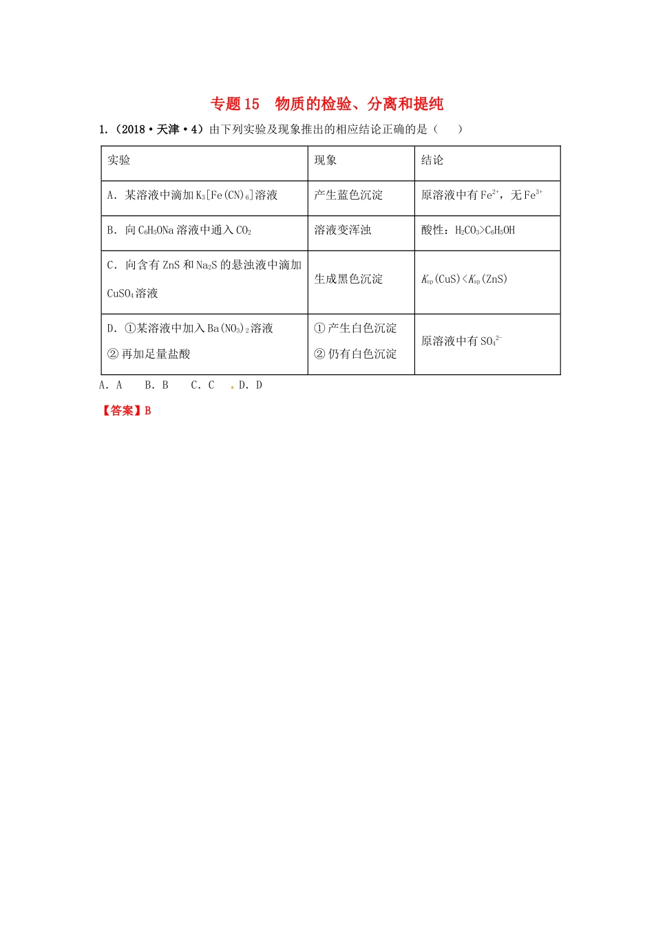 十年高考化学真题分类汇编 专题15 物质的检验、分离和提纯（含解斩）-人教版高三全册化学试题_第1页