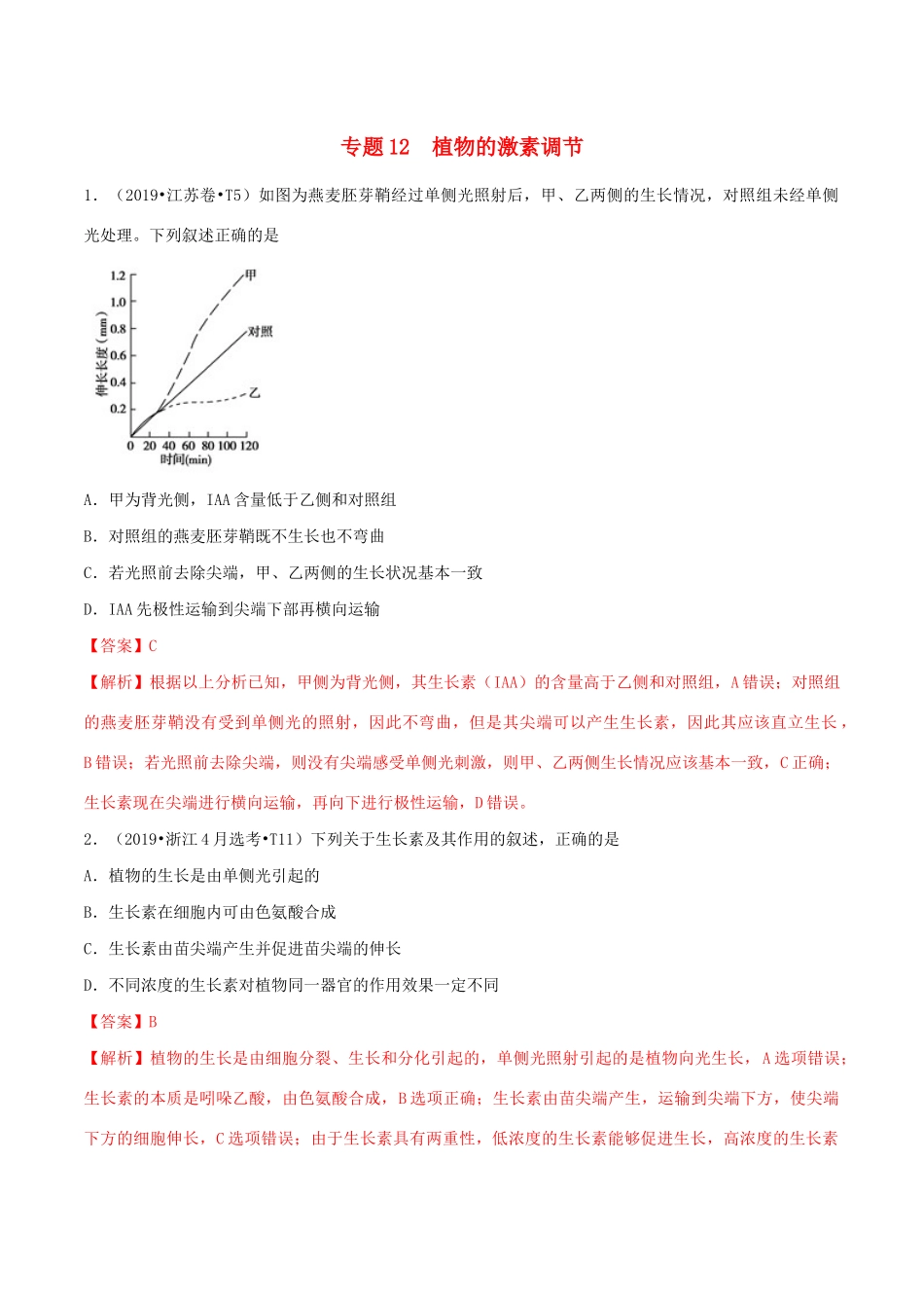 十年高考生物真题分类汇编 专题12 植物的激素调节（含解析）-人教版高三全册生物试题_第1页