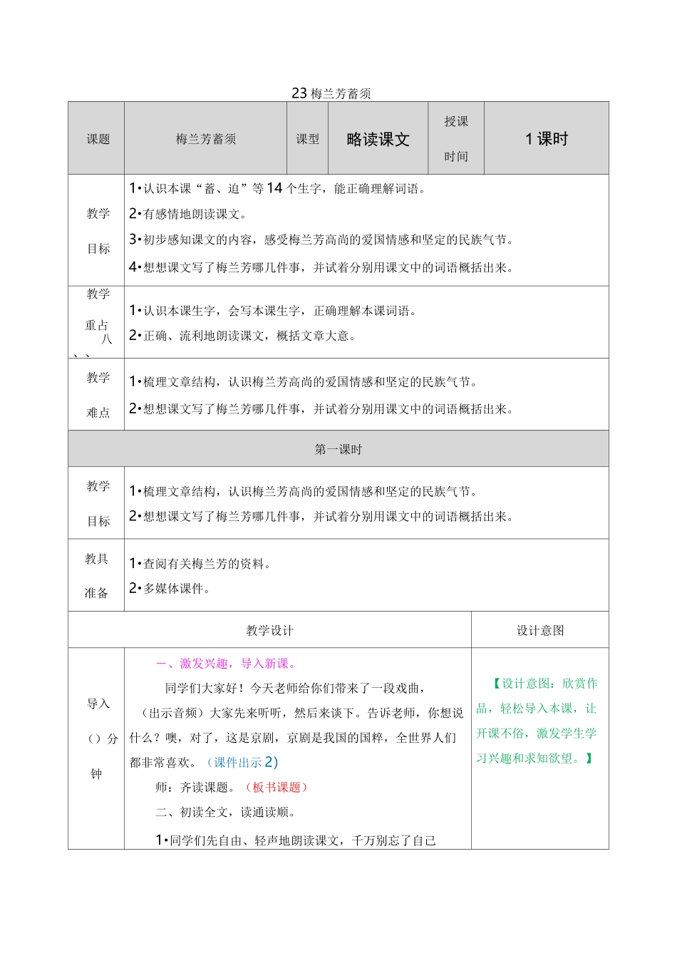 部编四年级上册  23 梅兰芳蓄须  教案_第1页