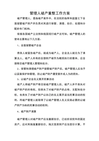 管理人破产重整工作方案
