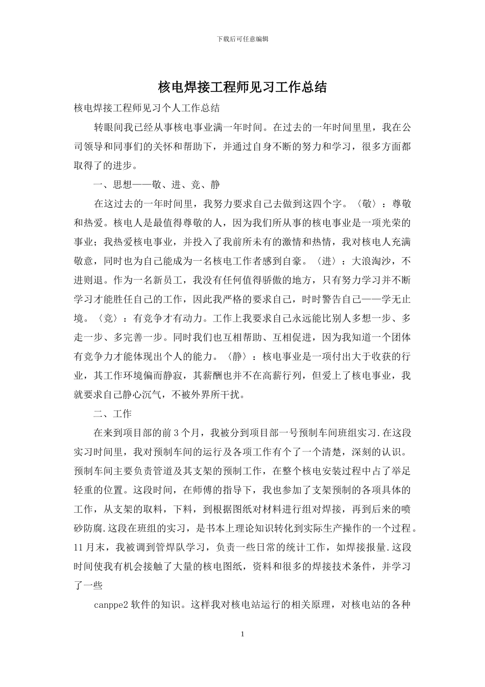 核电焊接工程师见习工作总结_第1页