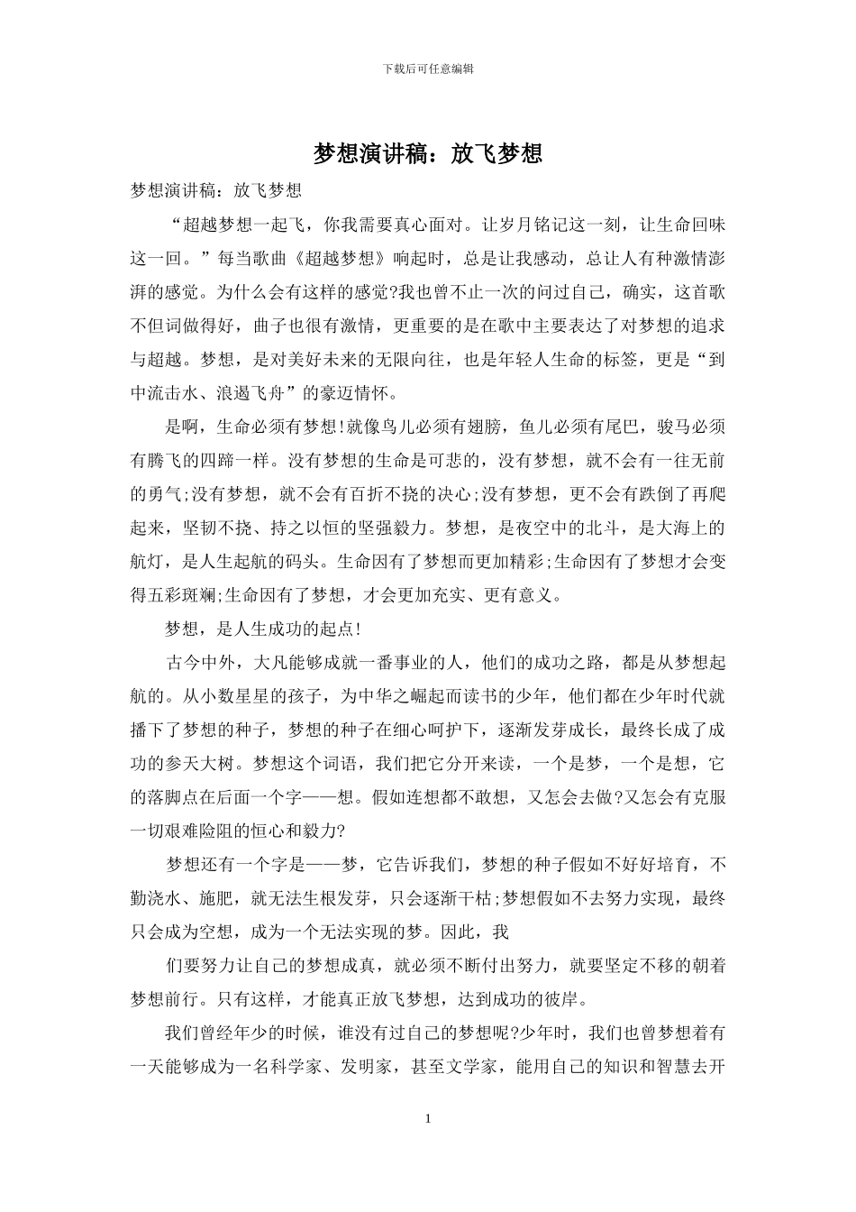 梦想演讲稿：放飞梦想_第1页