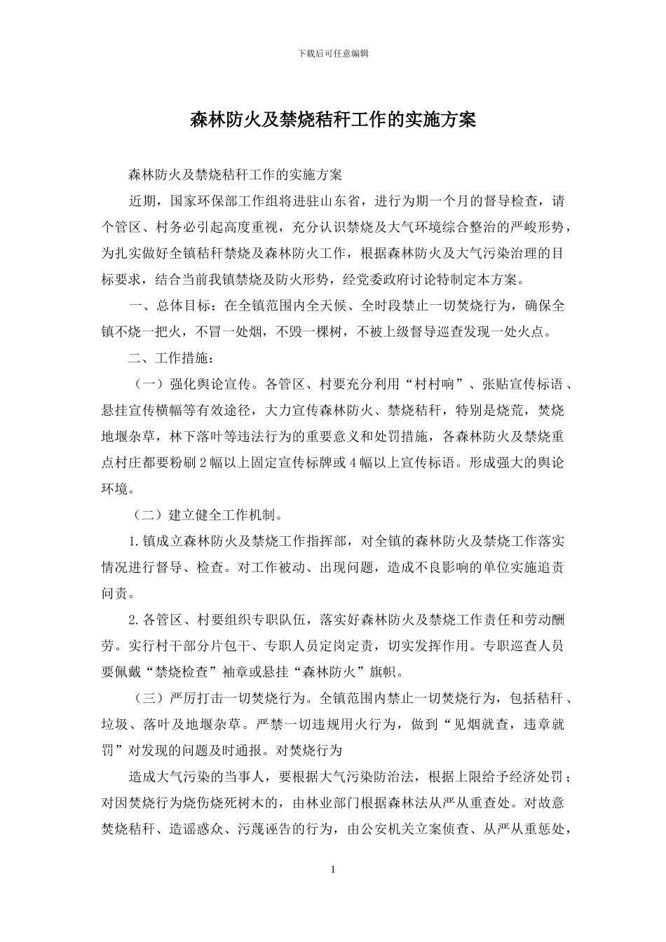 森林防火及禁烧秸秆工作的实施方案_第1页