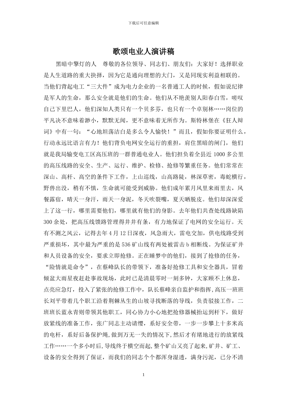 歌颂电业人演讲稿_第1页