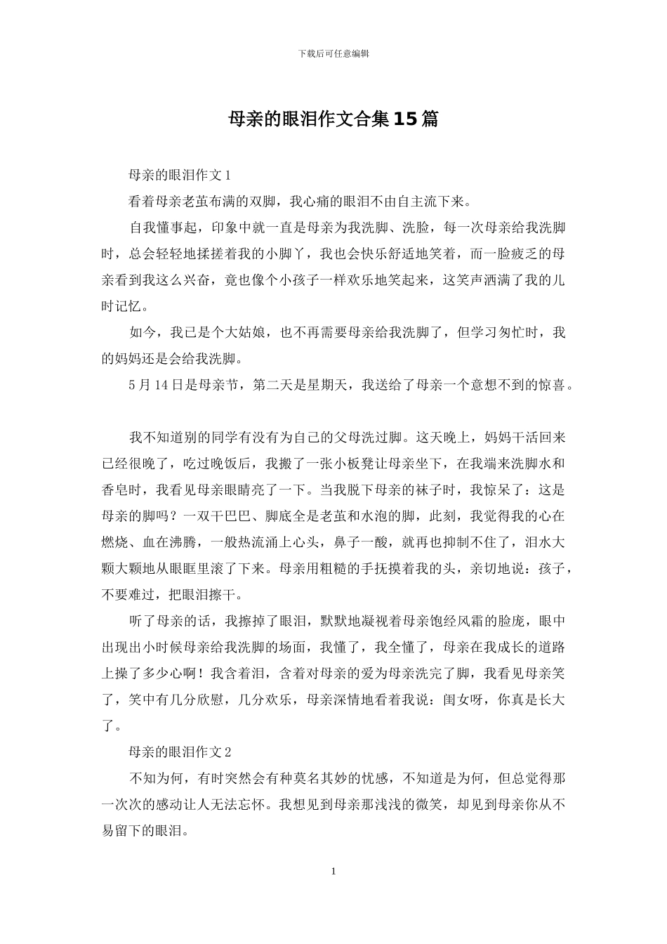 母亲的眼泪作文合集15篇_第1页