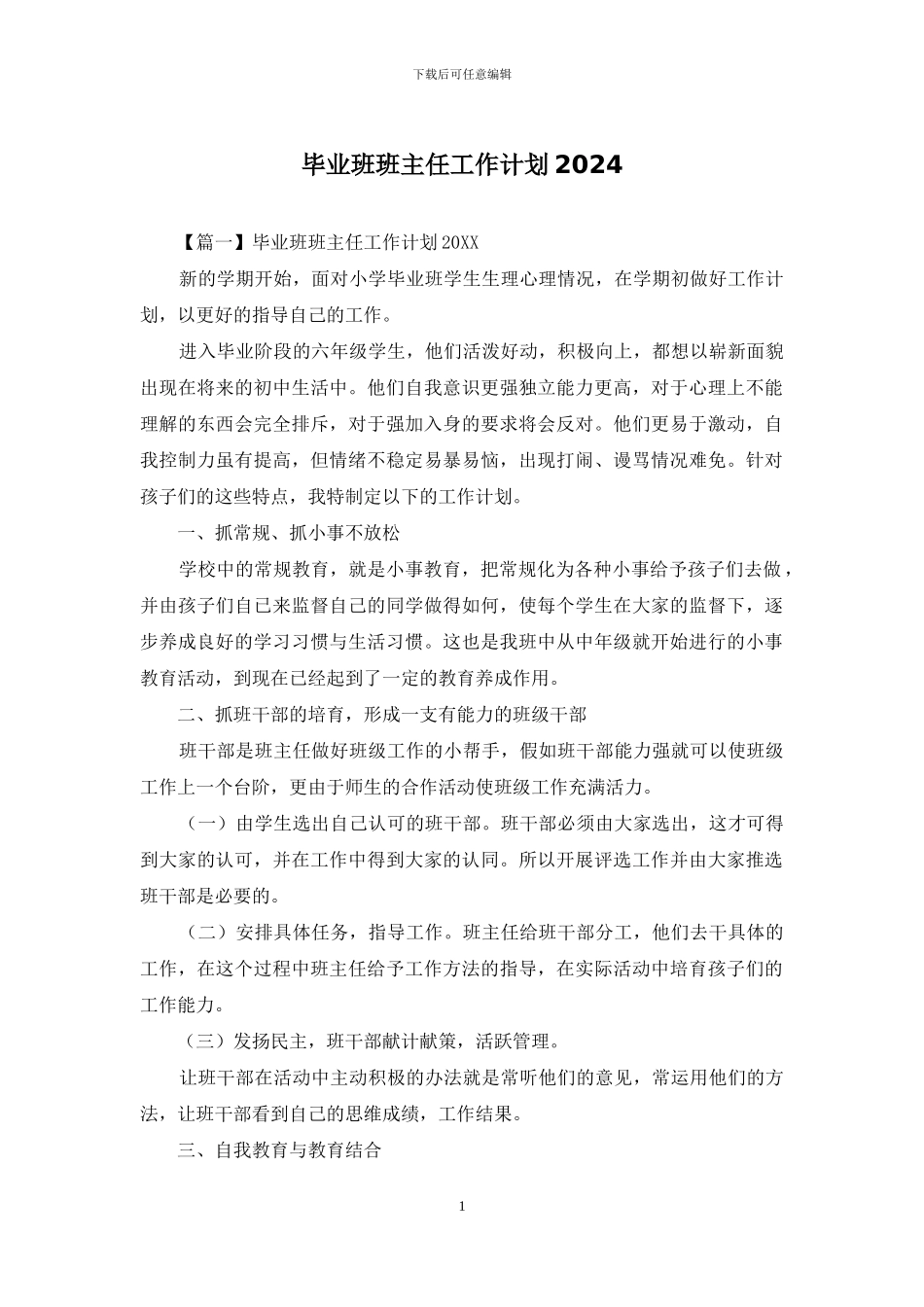 毕业班班主任工作计划2024_第1页