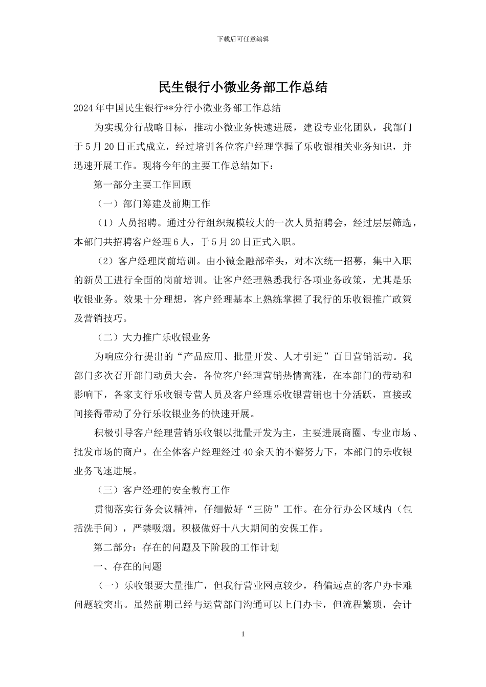 民生银行小微业务部工作总结_第1页