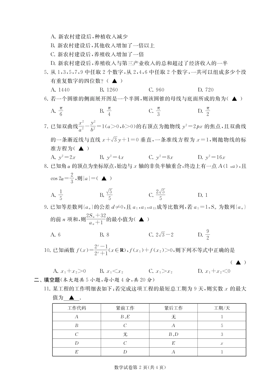 江苏省对口单招2024年高三年级第二轮复习调研测试数学试卷带答案答题卡_第2页