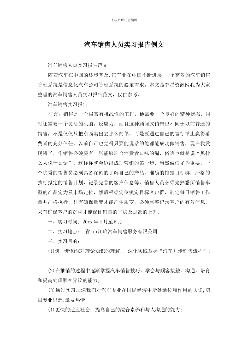 汽车销售人员实习报告例文_第1页