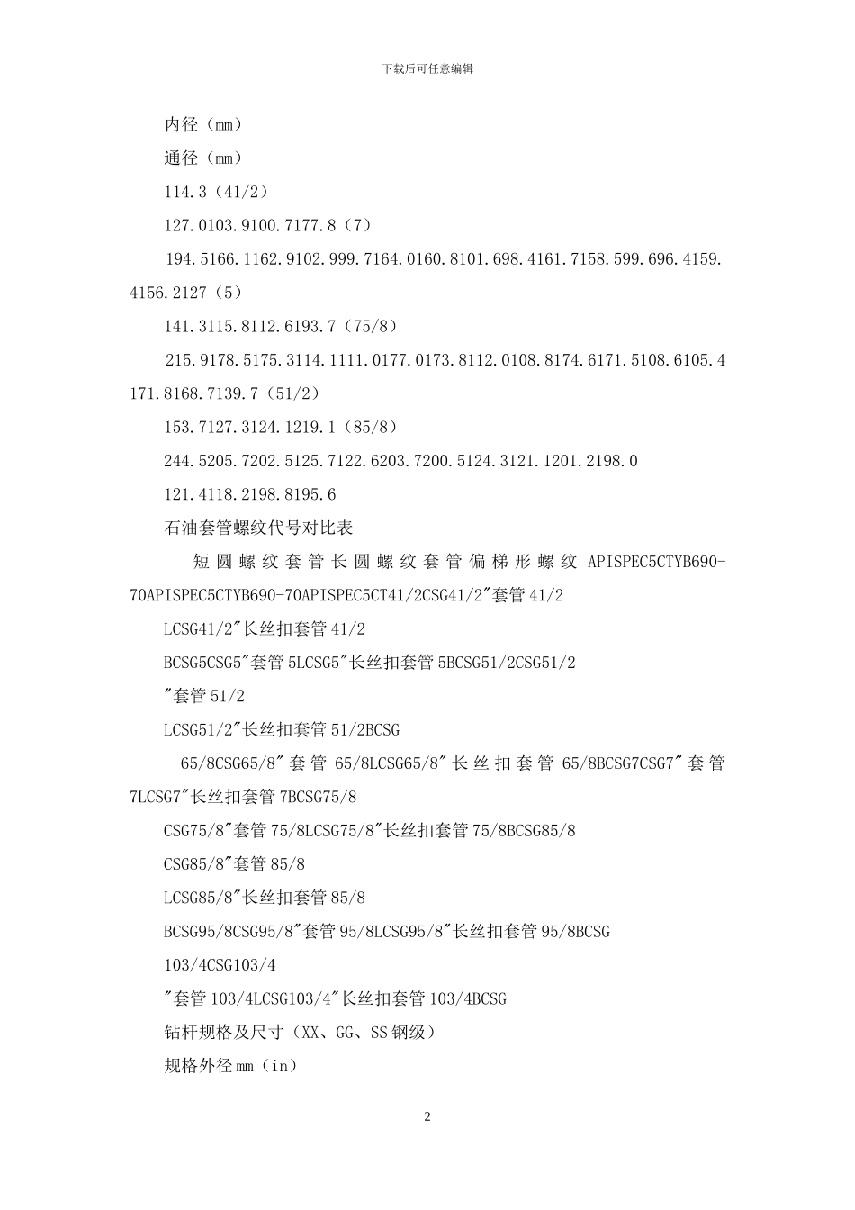 油管、套管等规格对照表_第2页