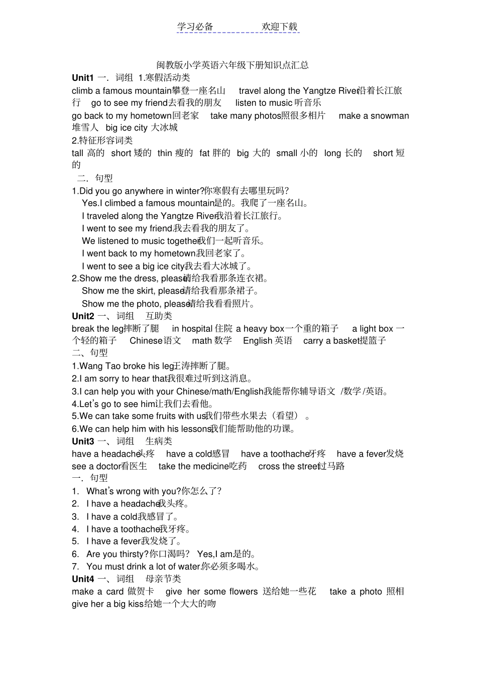 闽教版小学英语六年级下册知识点汇总_第1页