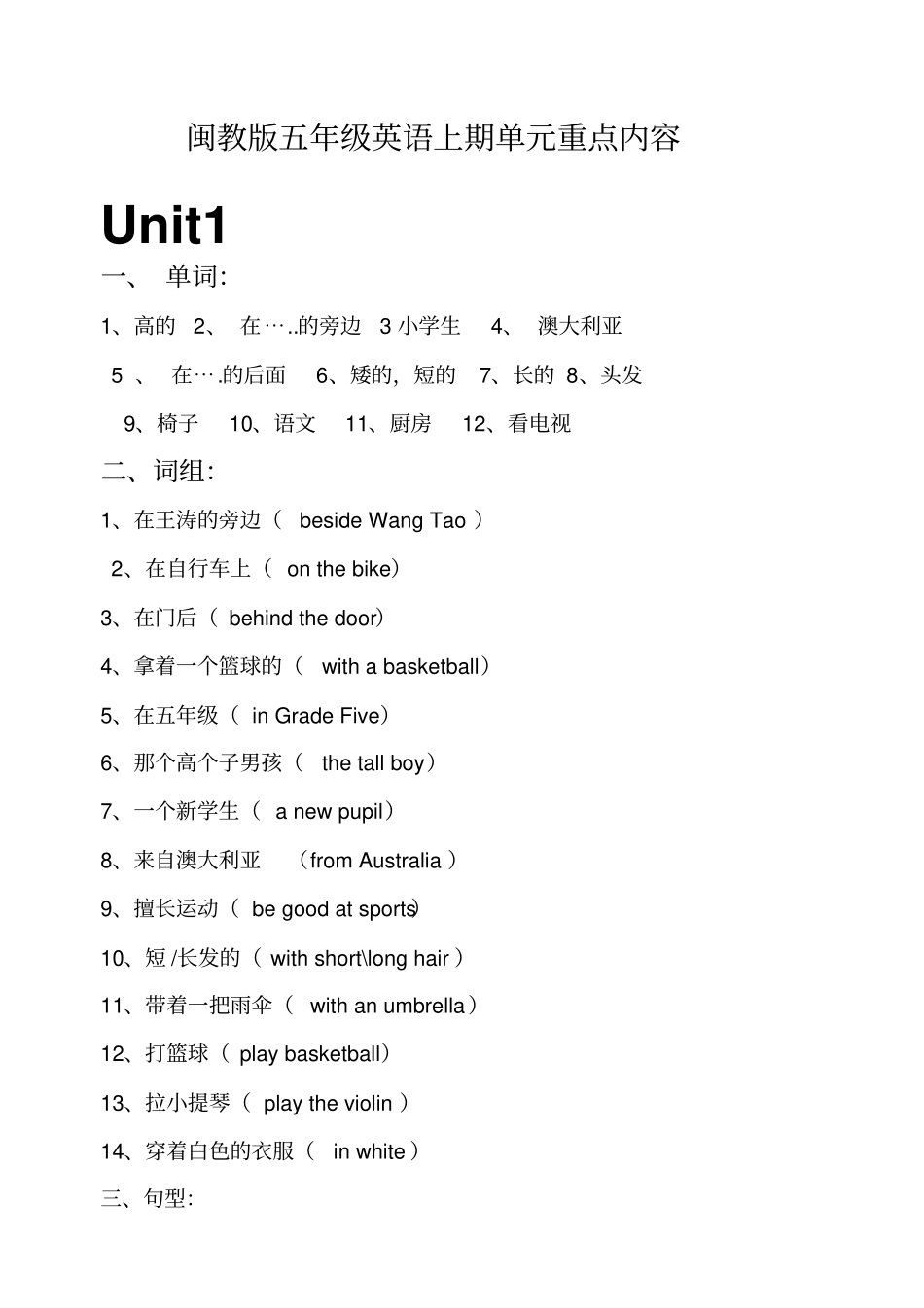 闽教版英语五上知识点归纳_第1页