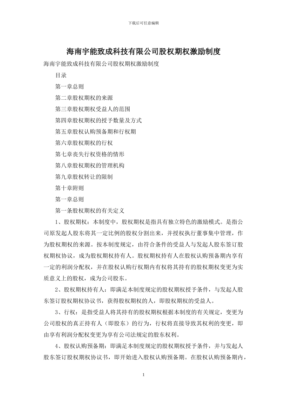 海南宇能致成科技有限公司股权期权激励制度_第1页