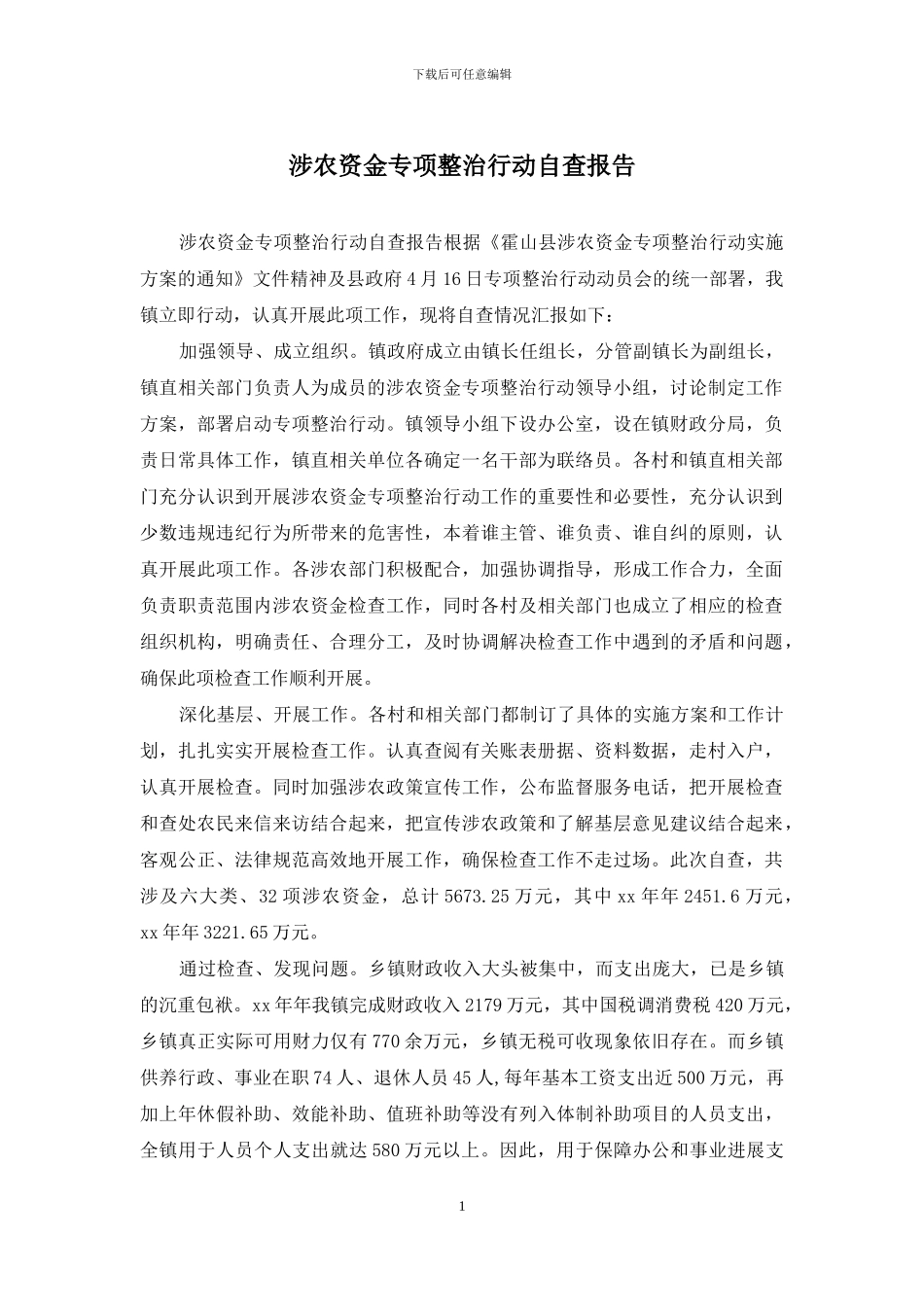 涉农资金专项整治行动自查报告_第1页