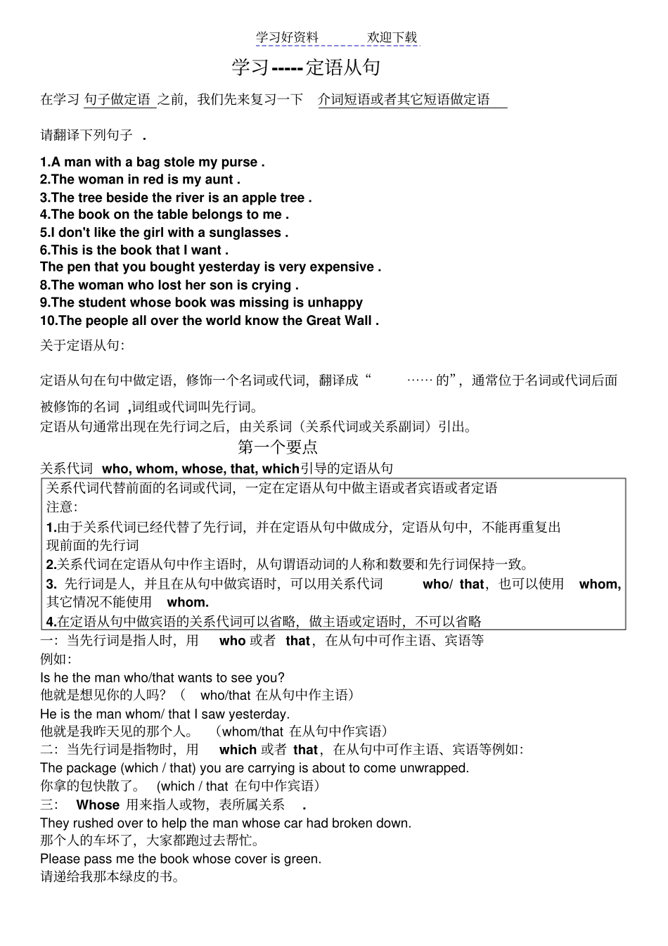 限制性定语从句初中生用--关系代词的用法_第1页