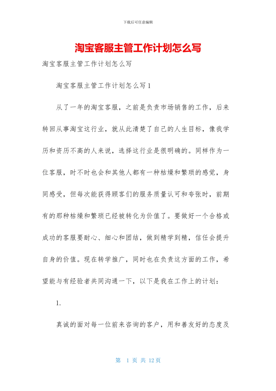 淘宝客服主管工作计划怎么写_第1页