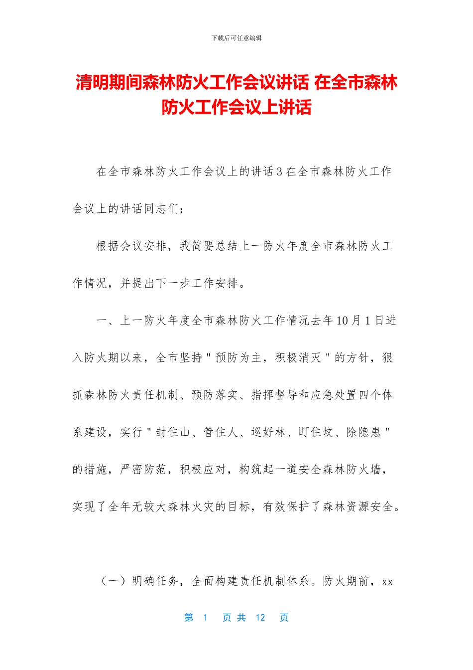 清明期间森林防火工作会议讲话_第1页