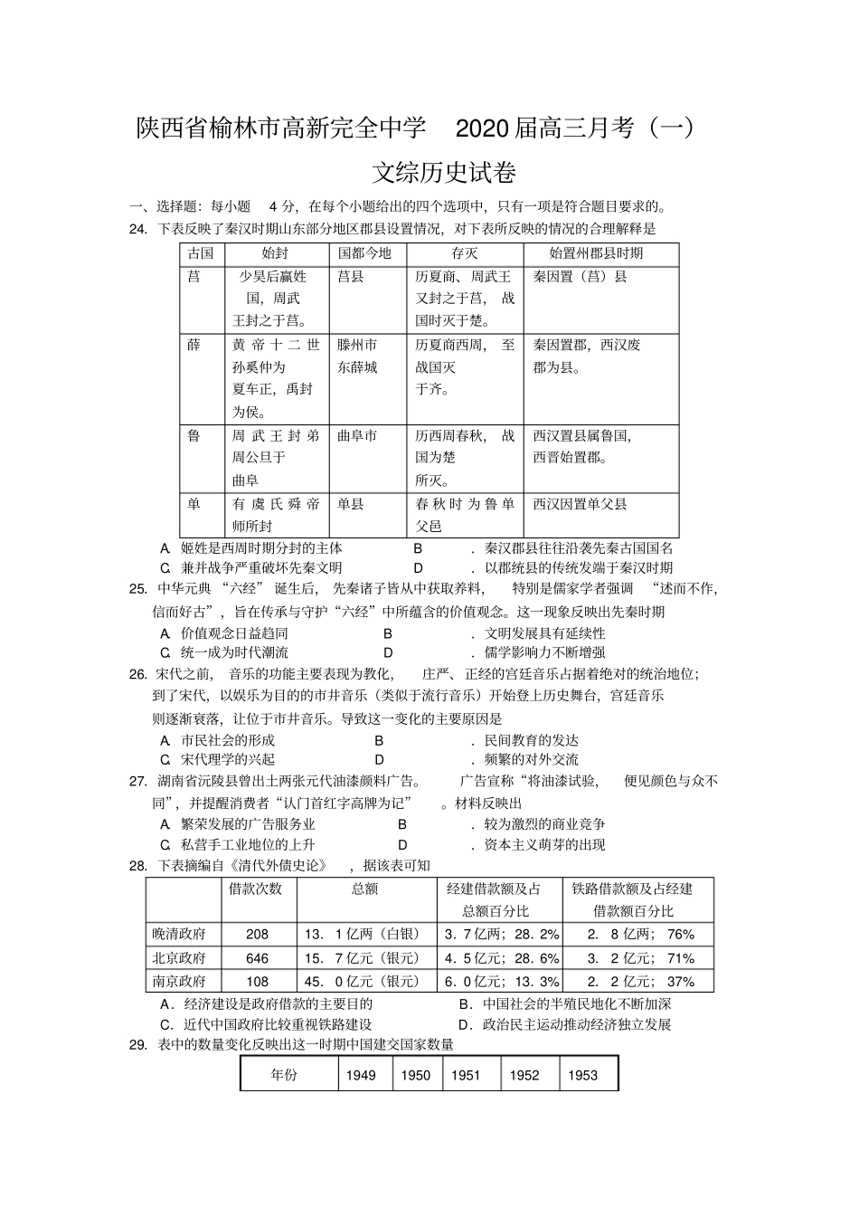 陕西榆林高新完全中学2020届高三月考一文综历史试卷_第1页