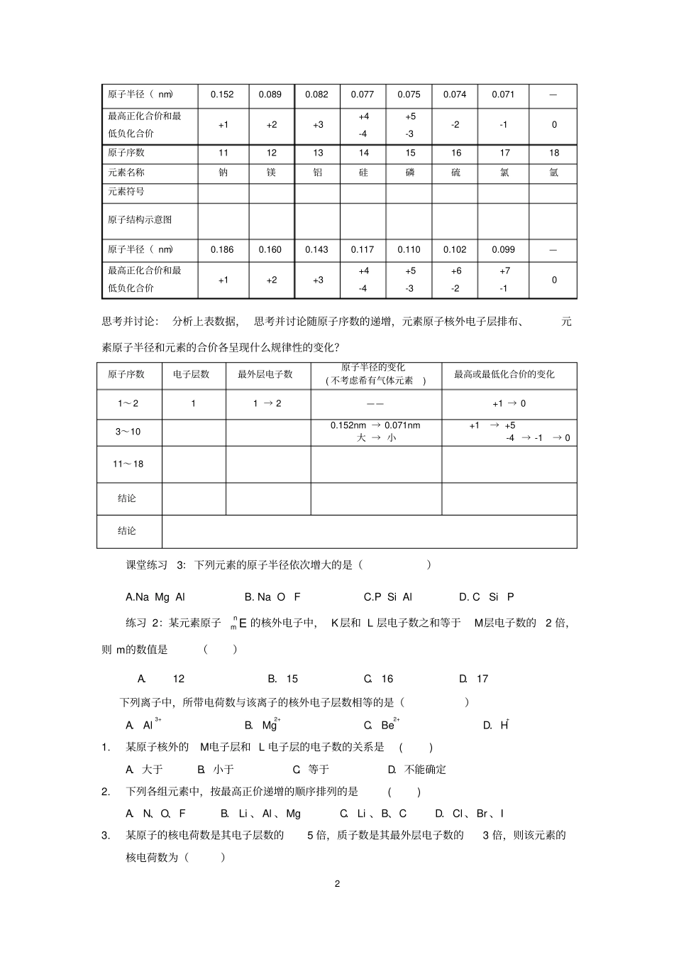 陕西汉滨高级中学高一化学人教版必修2元素周期律学案无答案讲述讲解_第2页