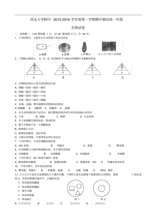 陕西西北大学附属中学高一生物上学期期中试题
