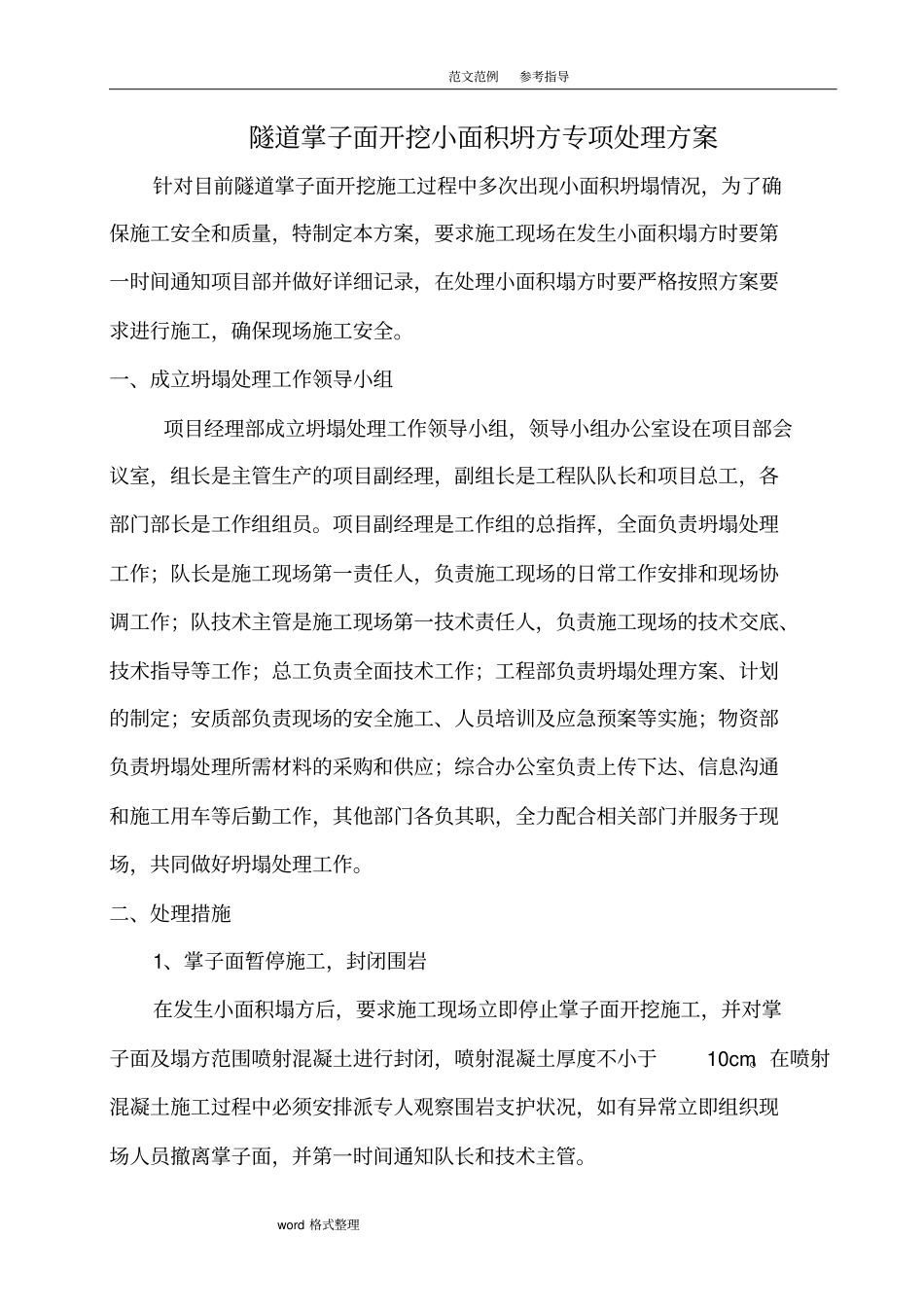 隧道掌子面开挖小面积坍方专项处理方案_第1页
