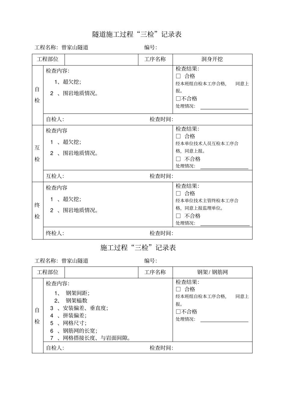 隧道施工三检表_第1页