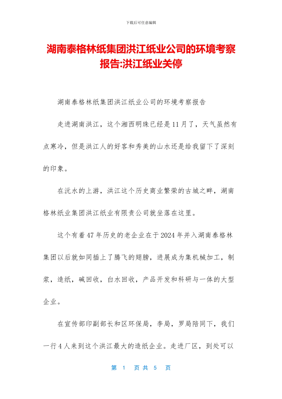 湖南泰格林纸集团洪江纸业公司的环境考察报告_第1页
