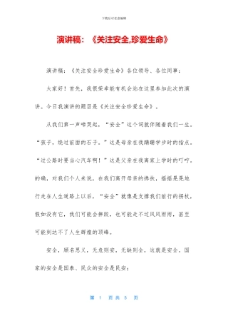 演讲稿：《关注安全