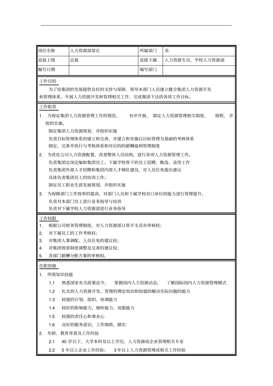 集团人力资源部部长岗位说明书_第1页