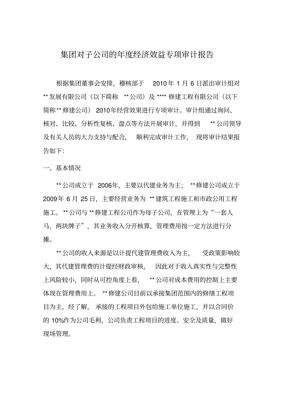 集团对子公司的年经济效益专项审计报告模板_第1页
