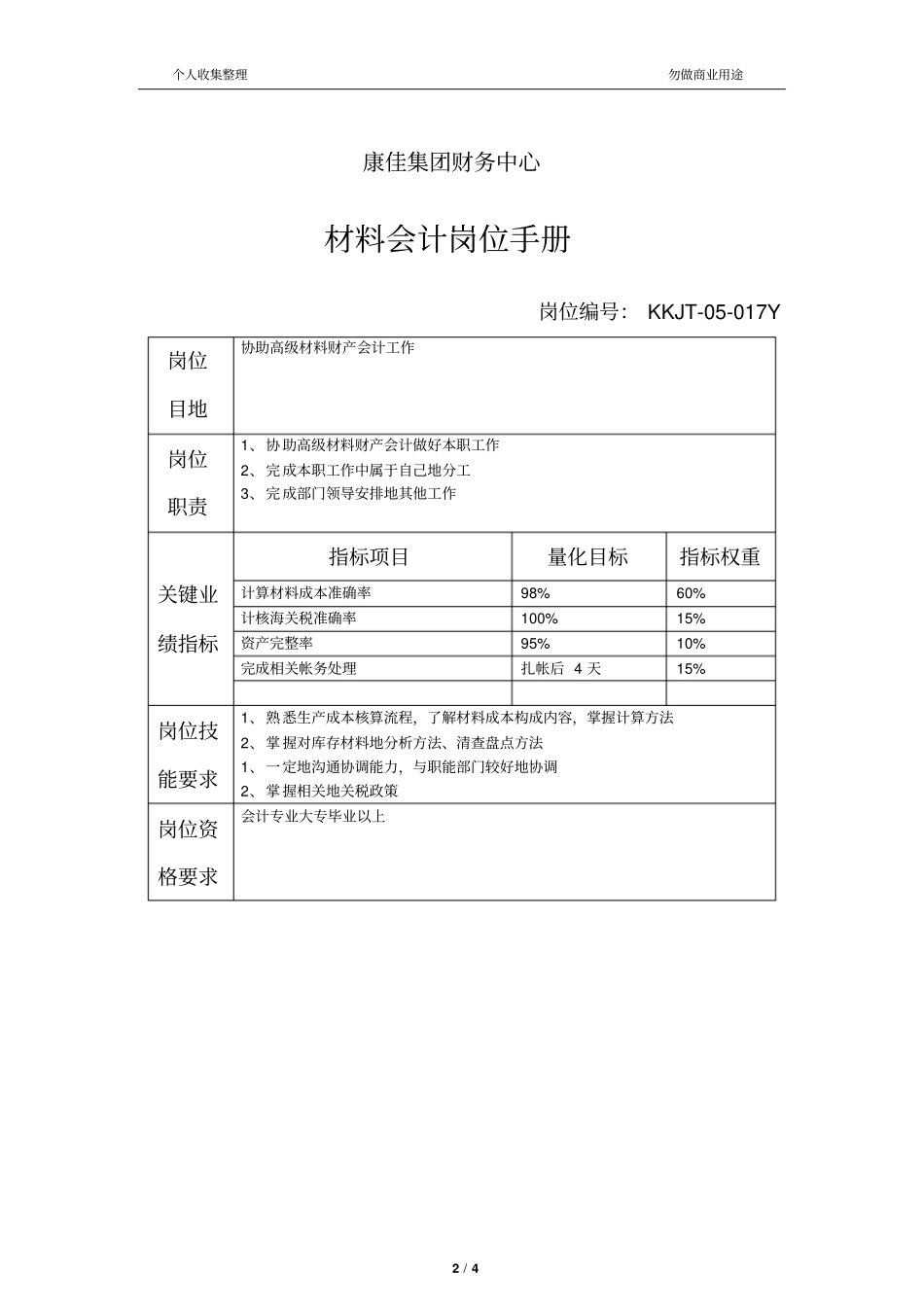 集团财务管理中心材料会计岗位手册表_第2页