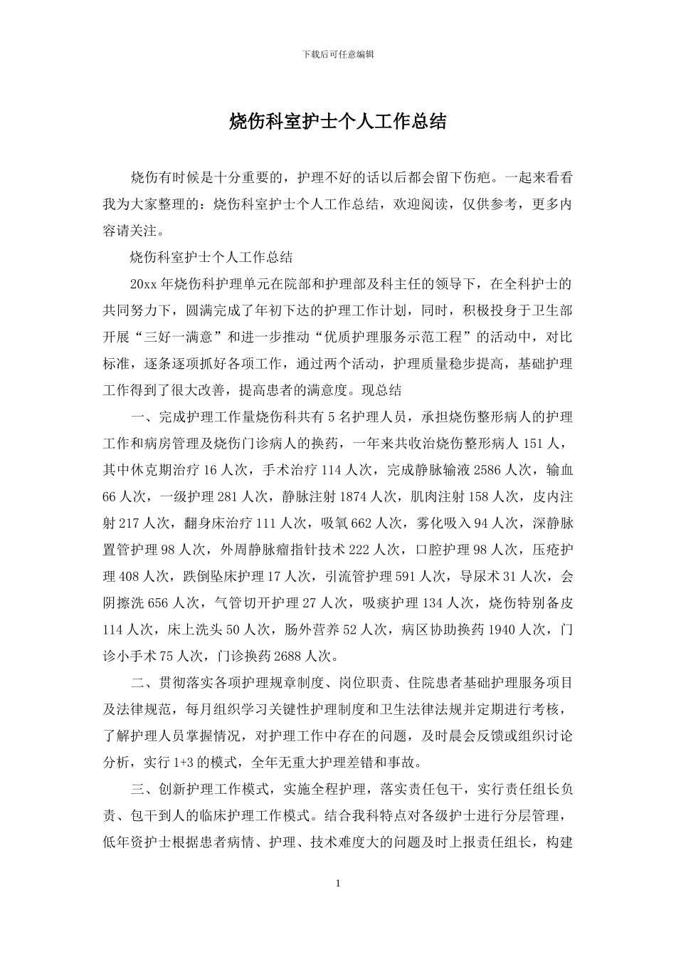 烧伤科室护士个人工作总结_第1页