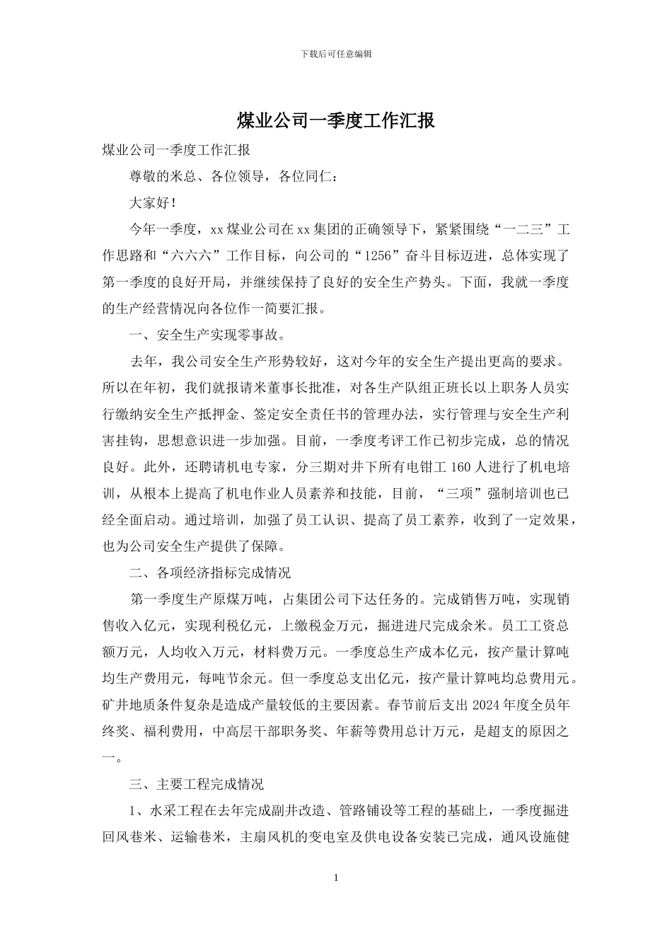 煤业公司一季度工作汇报_第1页