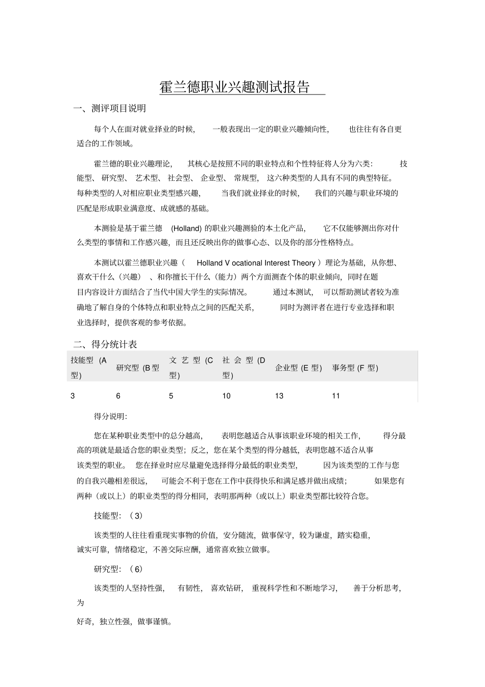 霍兰德职业兴趣测试报告同名10229_第1页