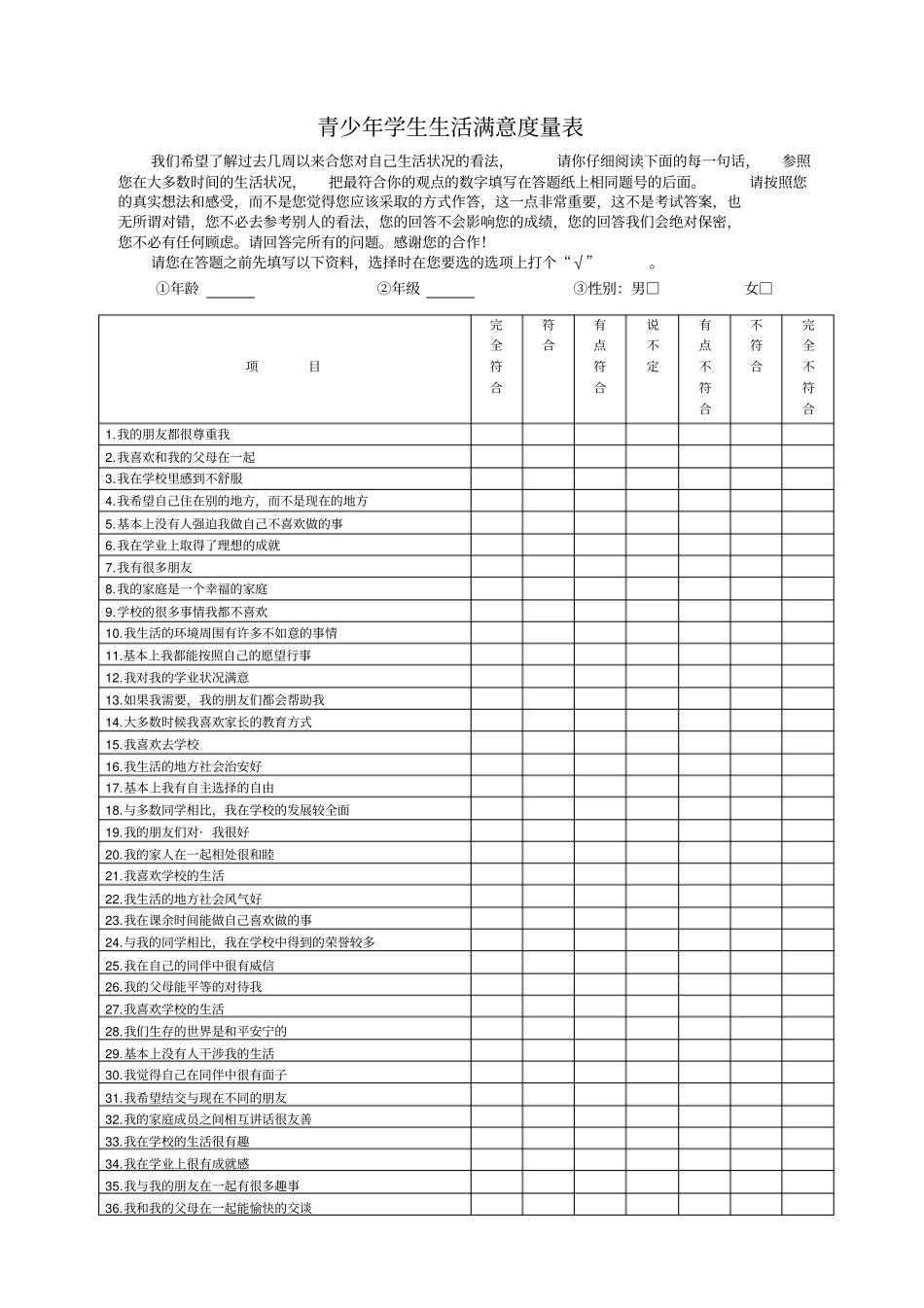 青少年学生生活满意度量表-张兴贵编制_第1页