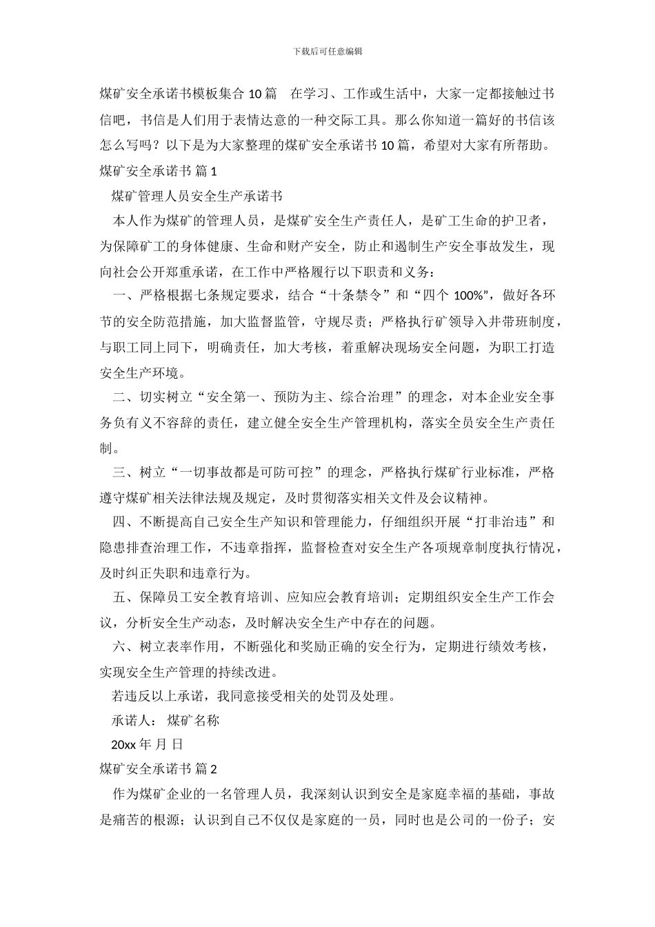 煤矿安全承诺书模板集合10篇_第2页