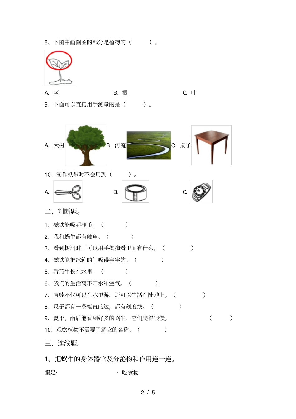 青岛版一年级科学上册期末考试题及答案【】_第2页