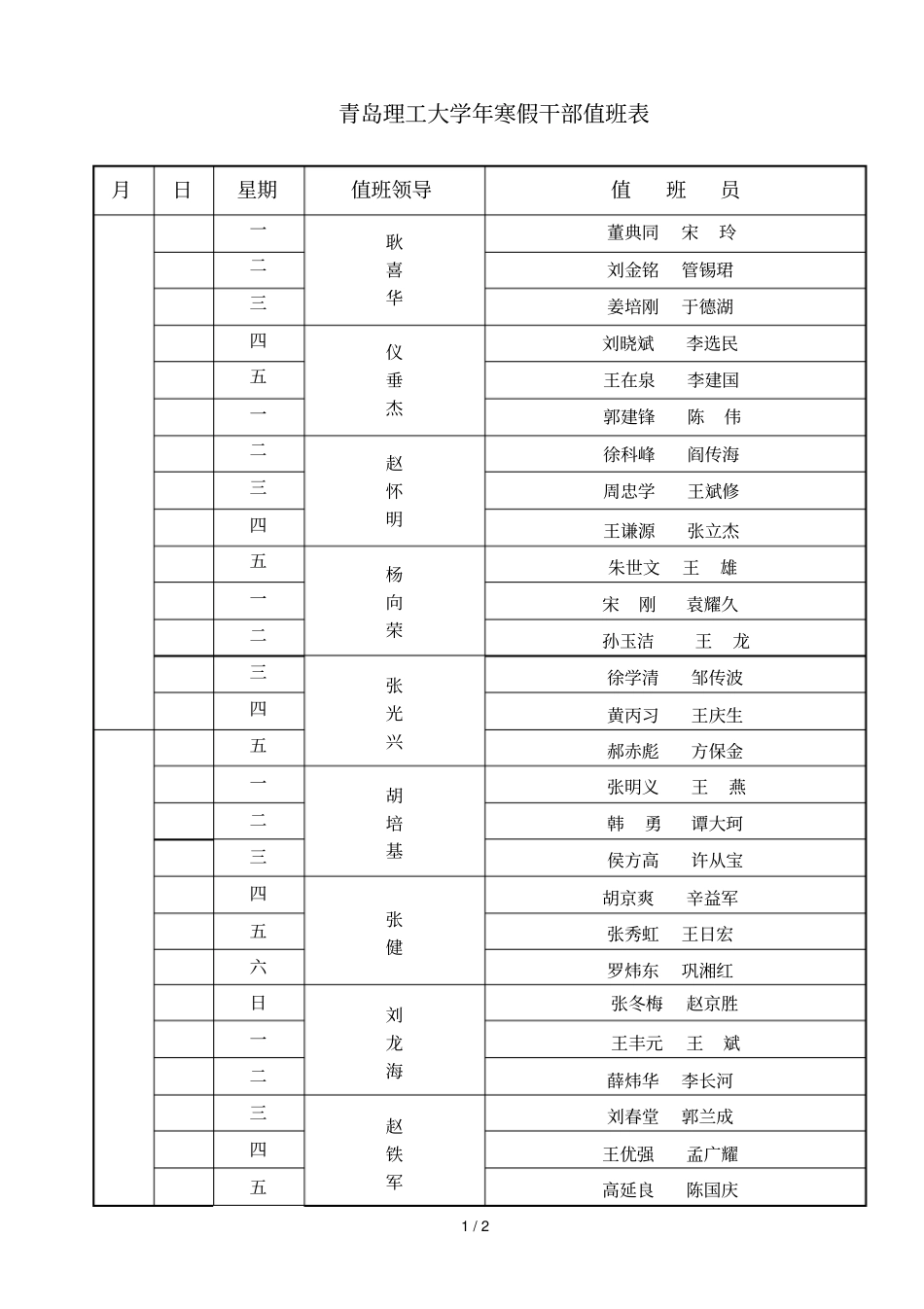 青岛理工大学寒假干部值班表_第1页