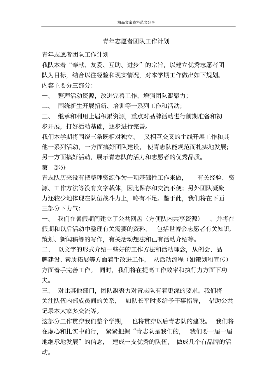 青年志愿者团队工作计划-精品文案范文_第1页