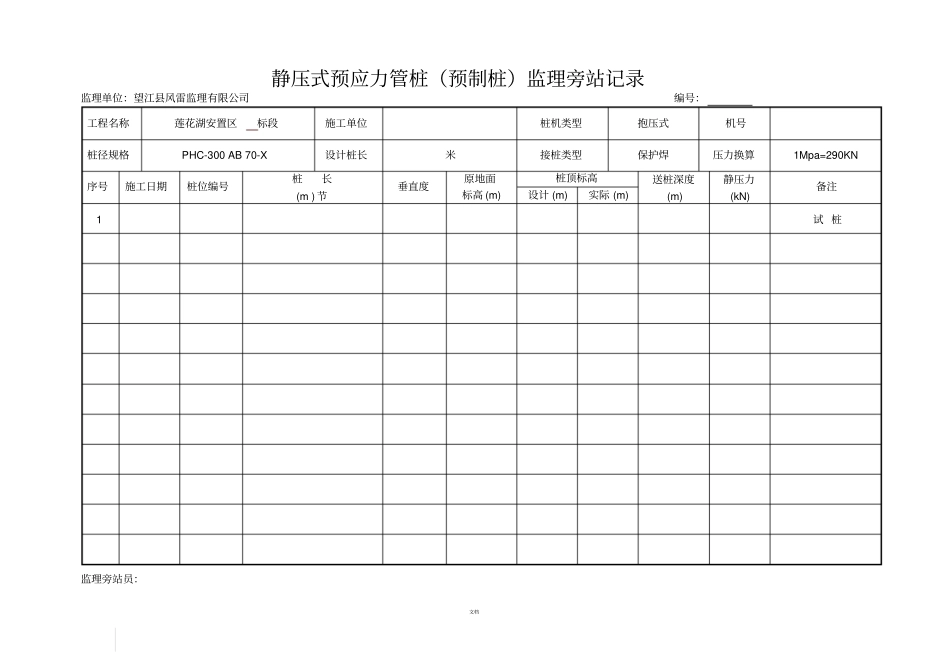 静压式预应力管桩监理旁站记录_第1页