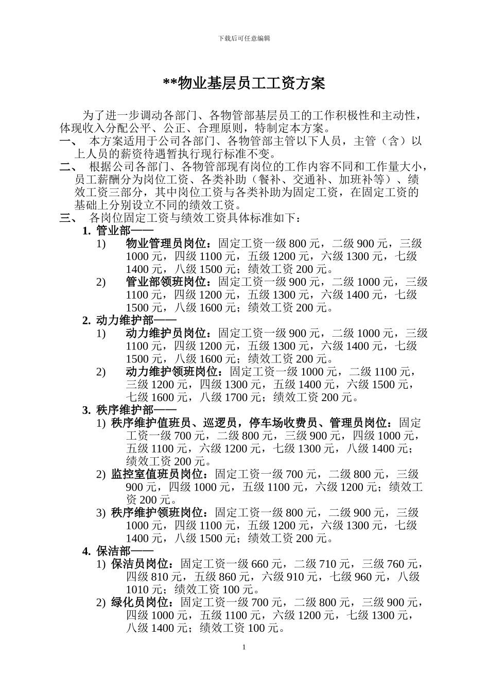 物业公司基层员工工资方案_第1页