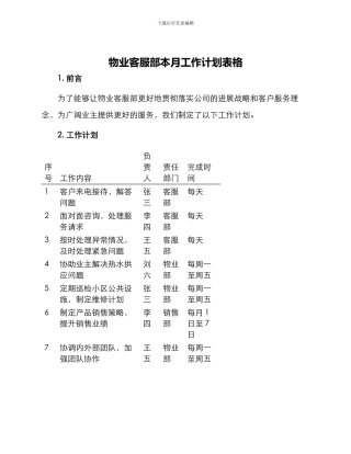 物业客服部本月工作计划表格