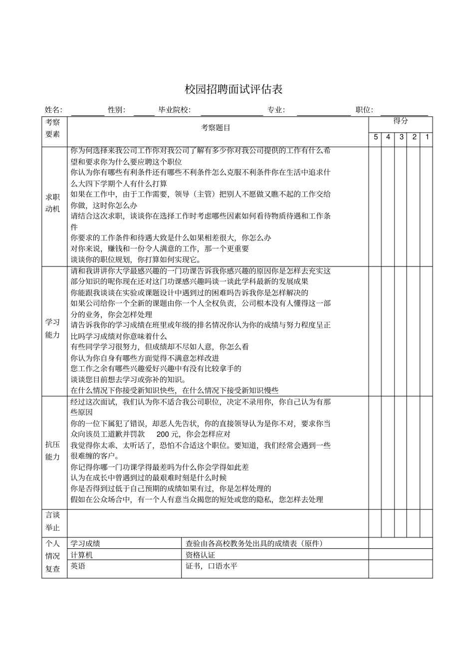 面试评价表及评分标准_第1页