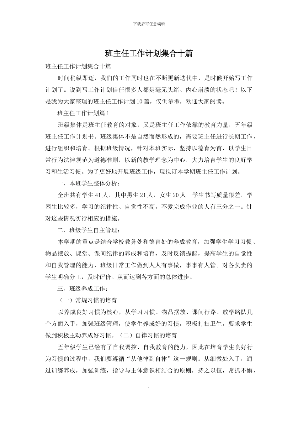 班主任工作计划集合十篇_第1页